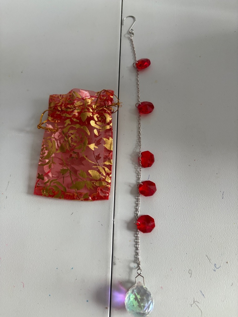 Hand Crafted Red Crystal Suncatcher with Faceted Prism